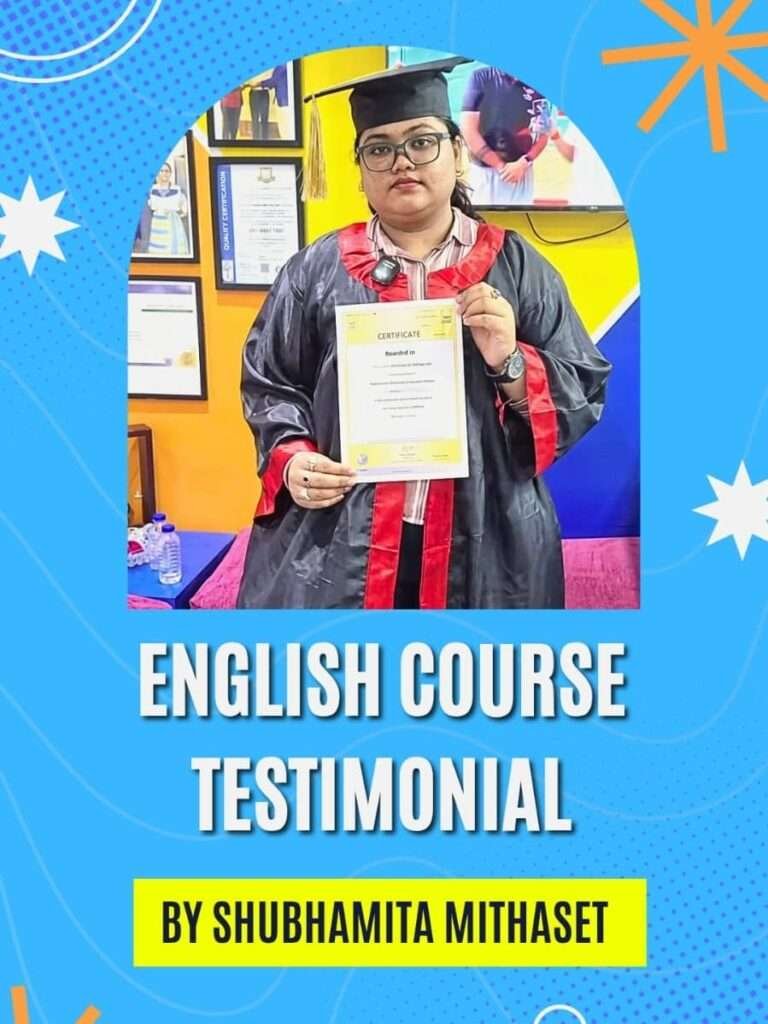 Student Name: shubhamita Sheth | Course: Spoken English Course | Designation: Customer Care Executive | Student Review: The Spoken English Course improved my confidence and communication skills significantly.