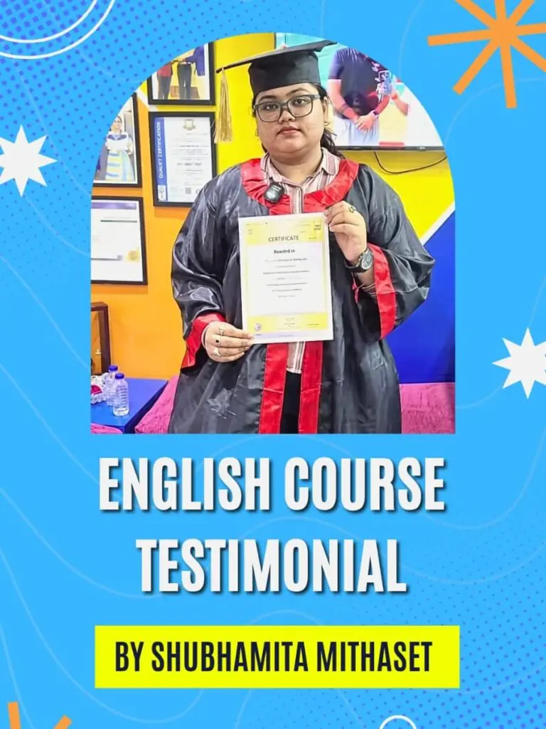 Student Name: shubhamita Sheth | Course: Spoken English Course | Designation: Customer Care Executive | Student Review: The Spoken English Course improved my confidence and communication skills significantly.