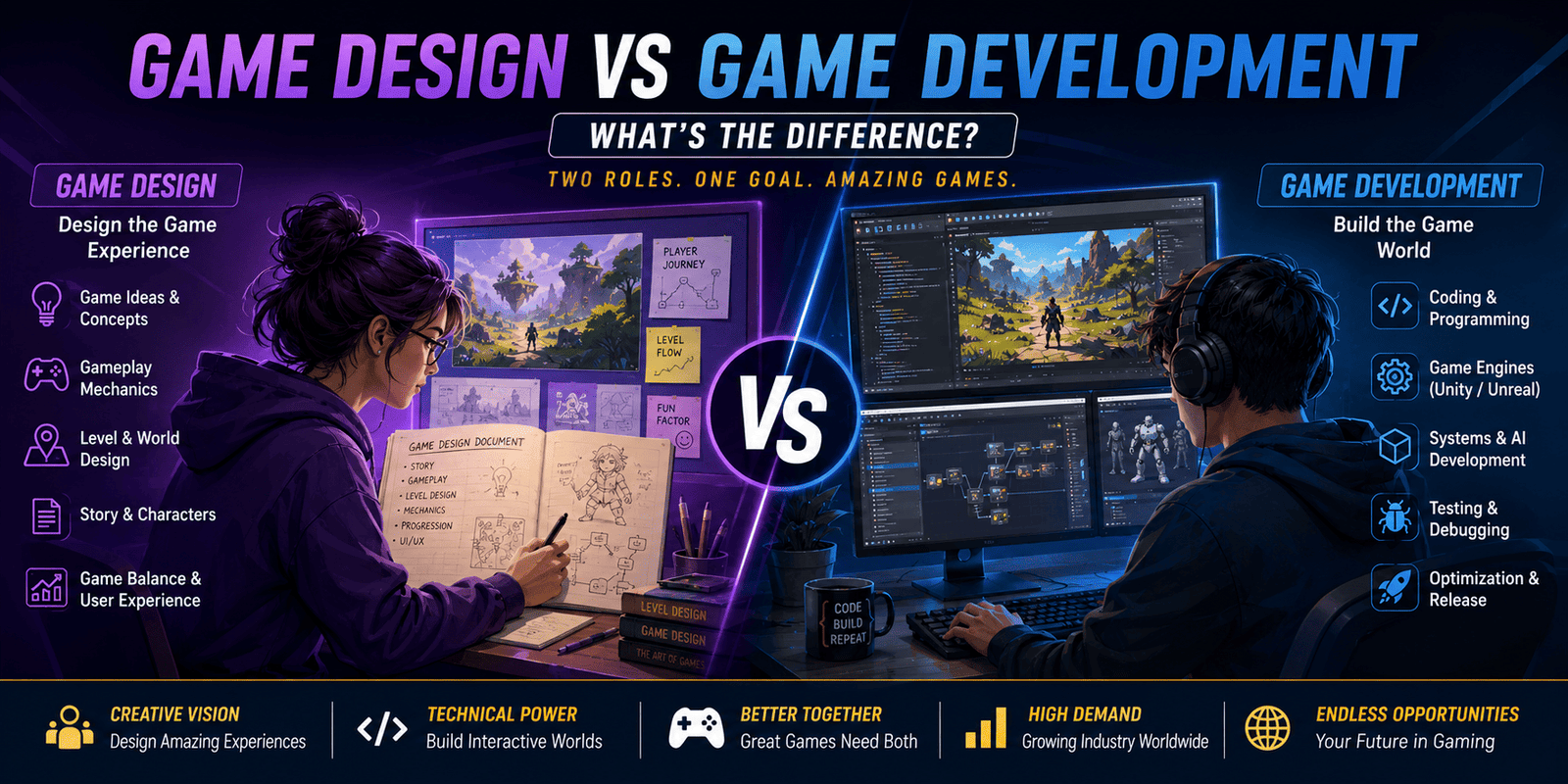 Game Design vs Game Development: What's the Difference? (Complete 2026 Guide)