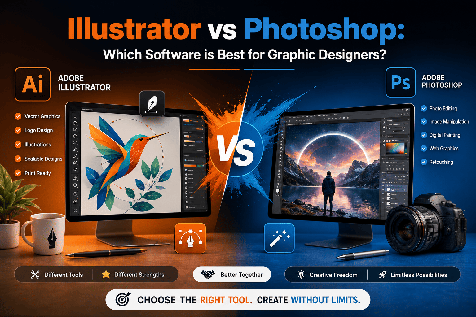 Illustrator vs Photoshop: Which Software is Best for Graphic Designers? (Complete 2026 Comparison Guide)