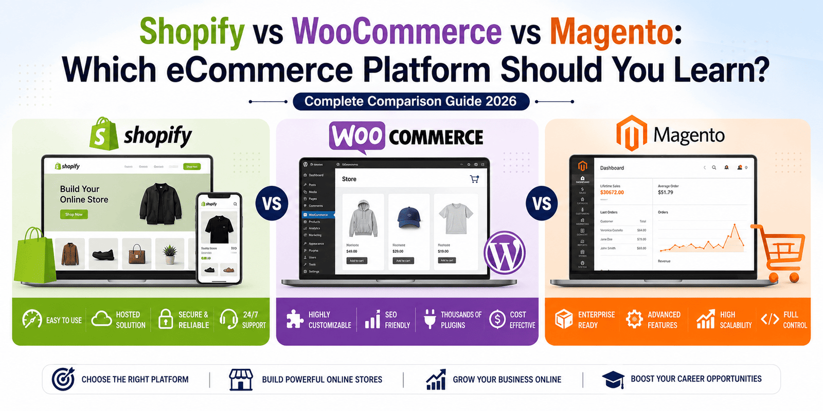 Shopify vs WooCommerce vs Magento: Which eCommerce Platform Should You Learn? (2026 Complete Comparison Guide)