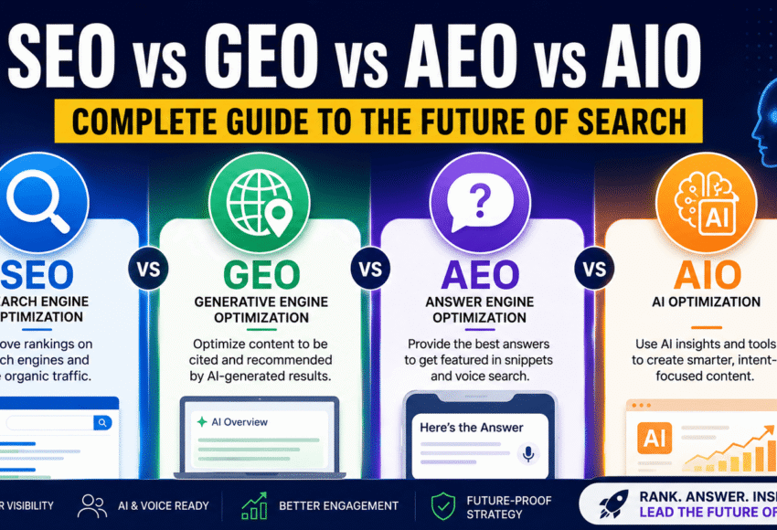 SEO vs GEO vs AEO vs AIO Complete Guide to the Future of Search in 2026
