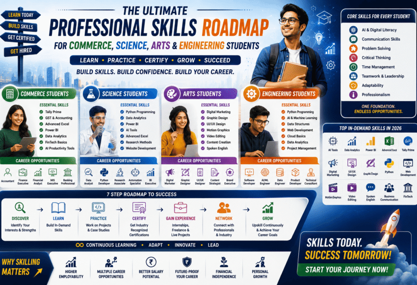 The Ultimate Professional Skills Roadmap for Commerce, Science, Arts & Engineering Students (2026 Career Guide)